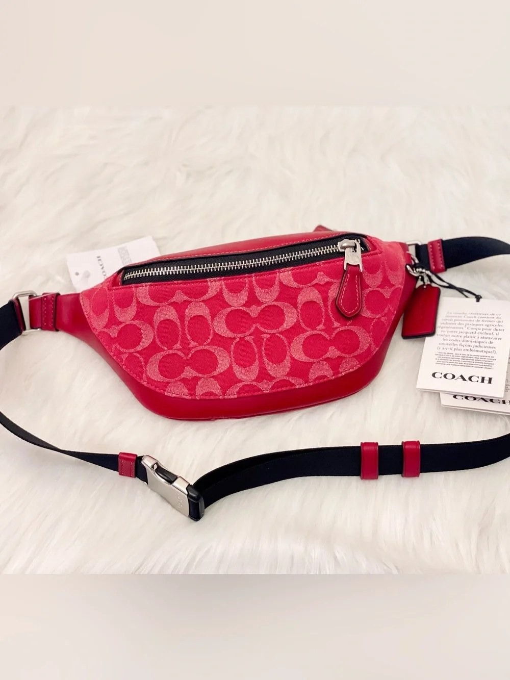 NWT Coach Warren Mini Signature Denim & Leather Belt Bag CAJ43 Ruby Red
